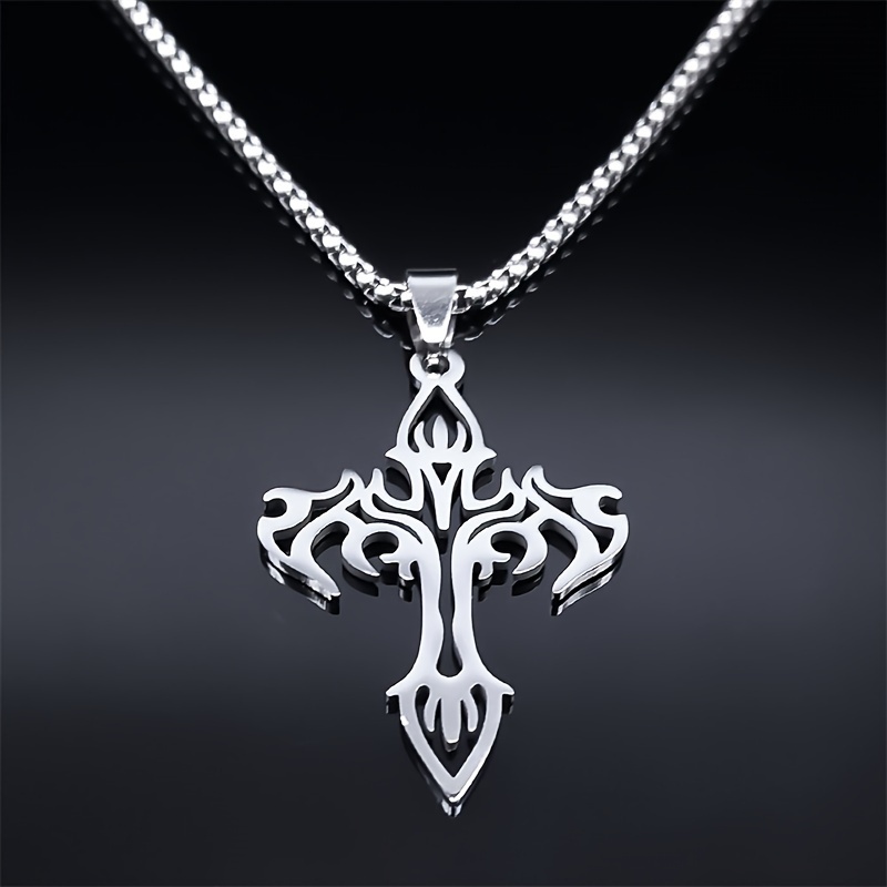 stainless steel cross pendant necklace for women men hip hop style silvery necklace jewelry details 4