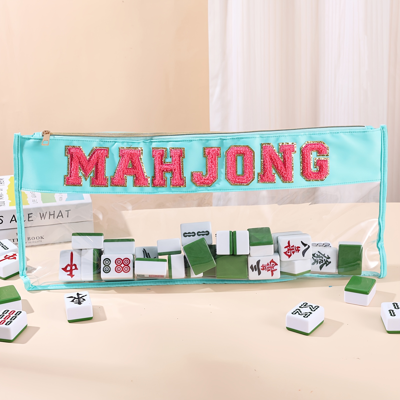 TEMU Letter Print Makeup Bag, Portable Large Capacity Mahjong Cosmetic Bag, Multifunctional Travel Storage Pouch