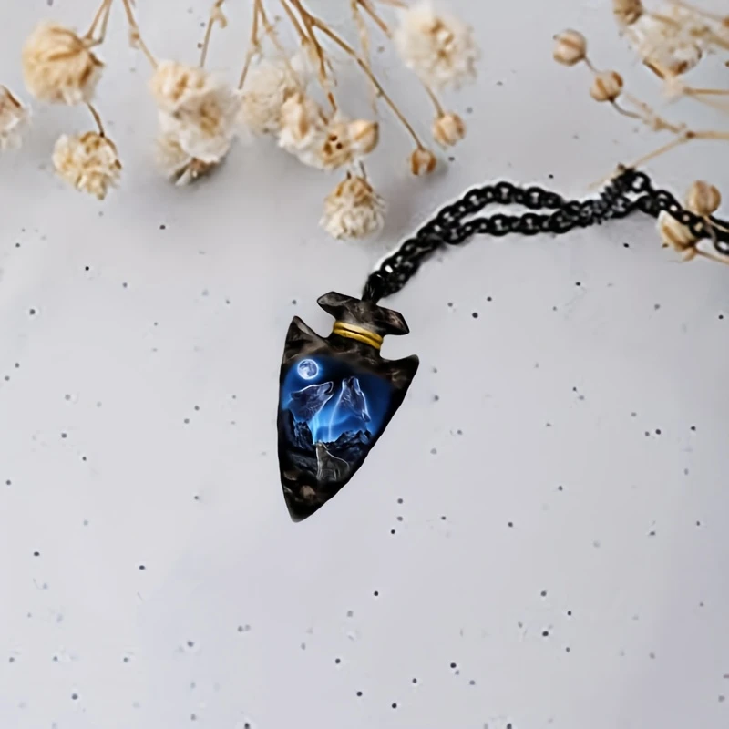 hand painted wolf head pendant necklace punk hip hop style with wolves black chain statement jewelry for men women unique gift detailed alternative fashion details 2