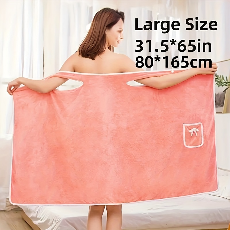 TEMU 1pc Wearable Bath Towel, Coral Velvet Bath Towel, Thickened Adult Bath Towel With Bow, Quick-drying Bath Towel, Bathroom Accessories, Soft And Skin-friendly Wearable Bathrobe