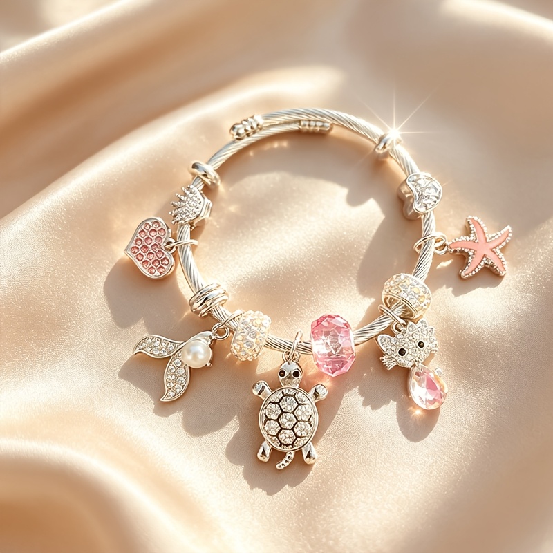 TEMU Pulsera de dijes de animales de playa , brazalete ajustable de alambre plateado trenzado con cuentas de pedrería de , , de , pez y rosa, joyería