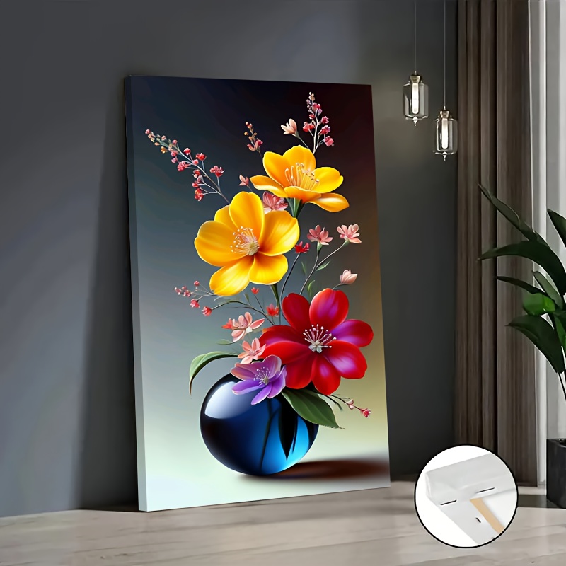 TEMU 2d Flat, Oil Painting Wall Art Suitable For Living Room Decor - Solid Pinewood Framed Wrapped Canvas Poster, /art Deco Flower Panel, In 16Ã24 &