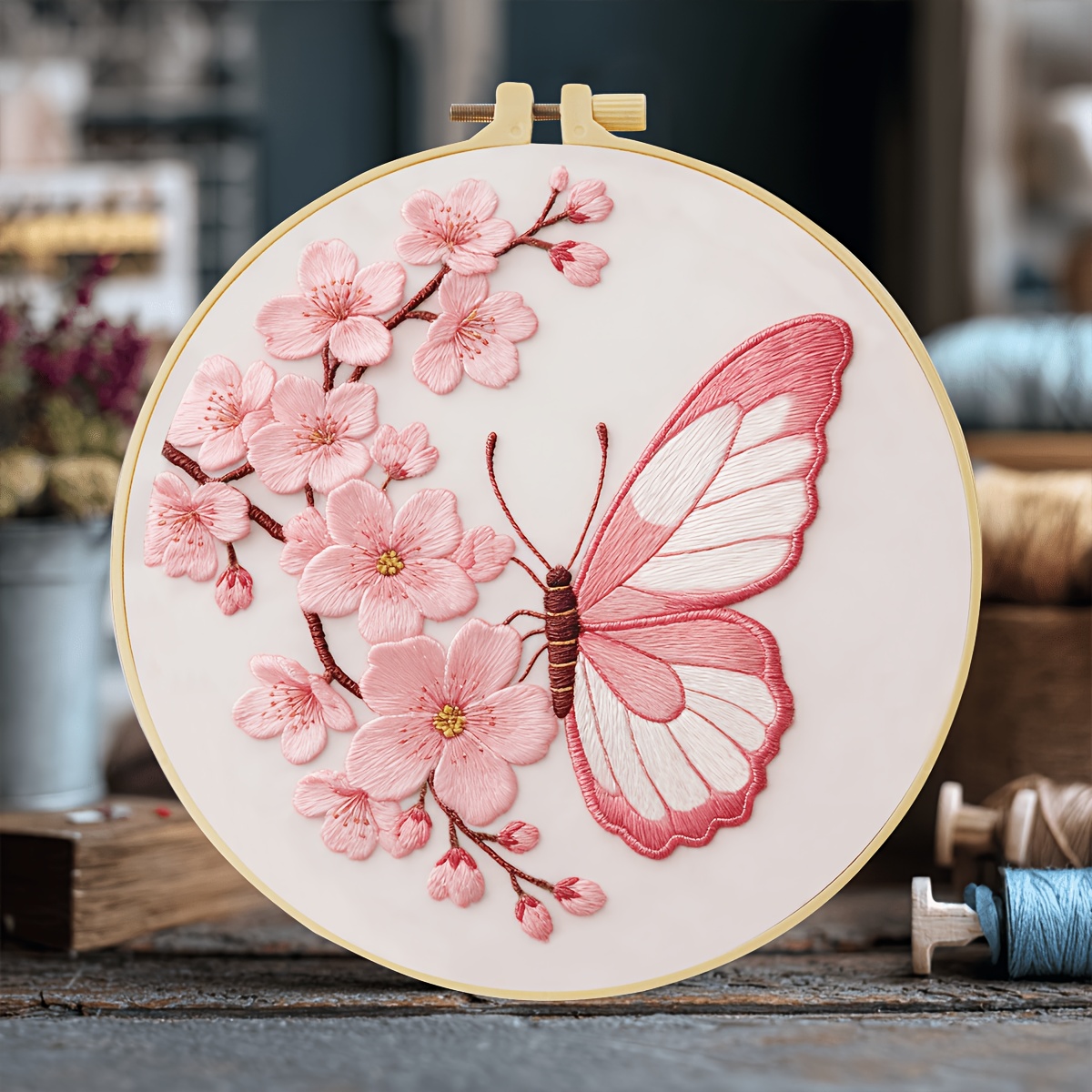 TEMU New Embroidery Kit, 20x20cm/7.9x7.9inch, Pink Floral , Handmade Embroidery Kit, Suitable For Adult Beginners, Includes Canvas, Manual, Hoop And