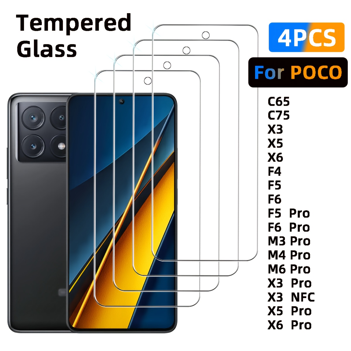 4pcs Hd Tempered Glass Protective Film For Xiaomi Poco C65/c75/x3/x5/x6/f4/f5/f6/f5 Pro/f6 Pro/m3 Pro/m4 Pro/x3 Pro/x3 Nfc/x5 Pro/x6 Pro Anti-scratch