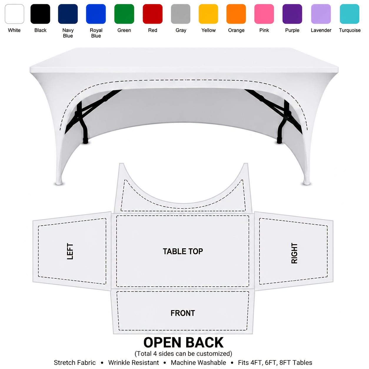 TEMU 1pc 4ft/6ft/8ft Custom Logo Tablecloth, Personalized Stretch Fitted Table Cover, Open Back Or Closed Back, For Trade Shows, Vendor Booths,