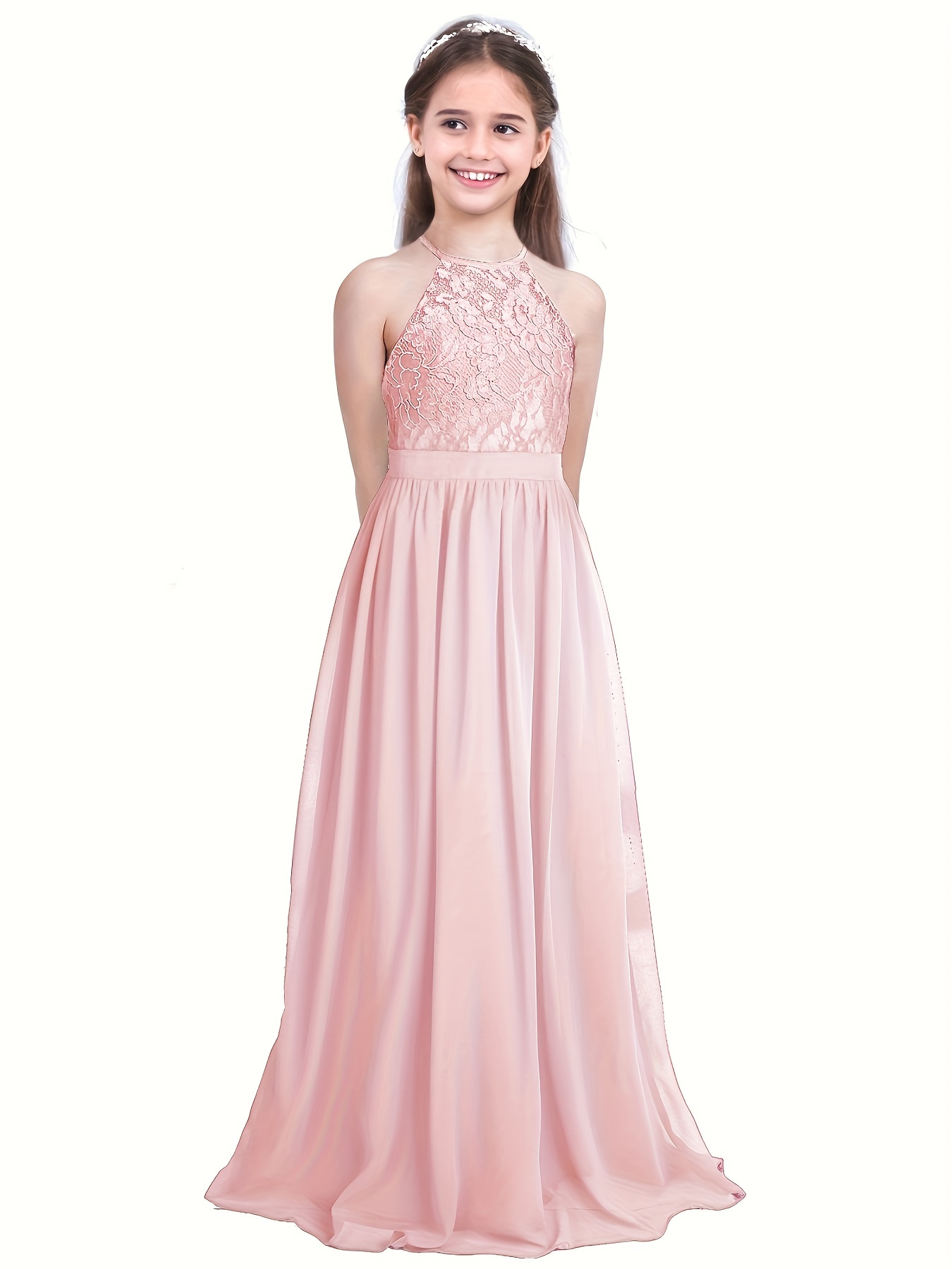 Kids Girls Halter Neck Chiffon Lace Long Party Junior Wedding Evening Dance  Prom Maxi Gown Dress