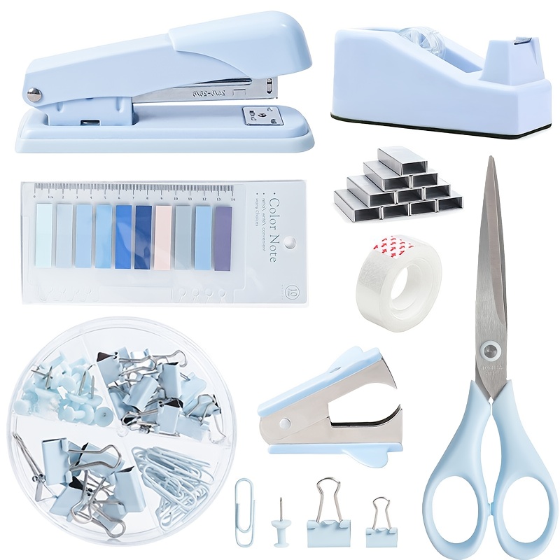 qi   xing macaron color office stationery gift box set -   stapler, scissors, tape, thumbtacks, push pins, sticky notes & more - semi-automatic, durable plastic, ideal for daily use, office supplies and accessories, office supplies and accessories | macaron color set | durable plastic box, office supplies and accessories Product details 2