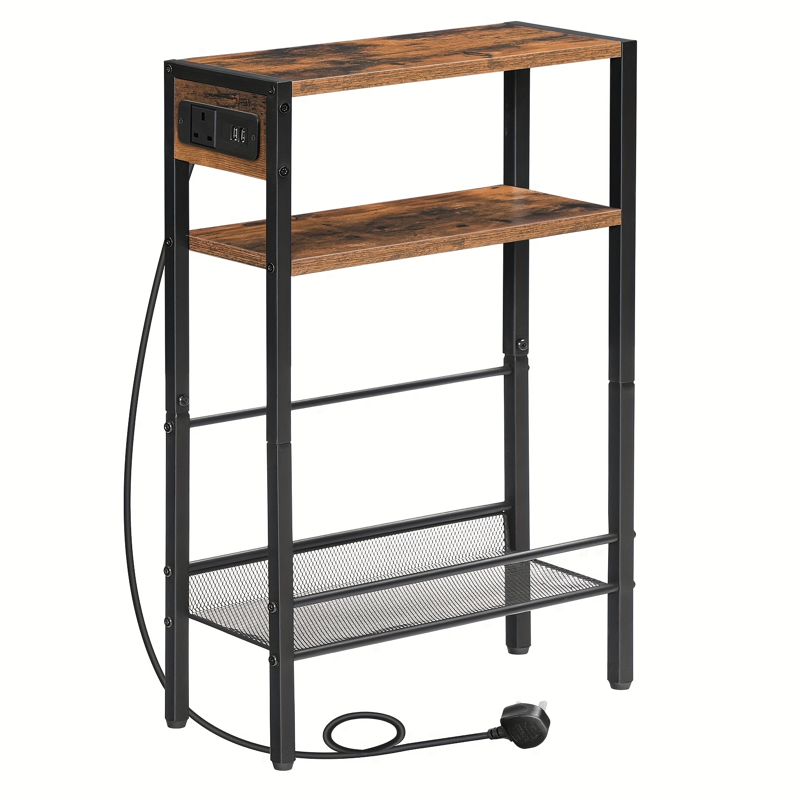 narrow end table with charging station   nightstand for small space multifunctional with storage rustic brown and black artificial board   plug powered