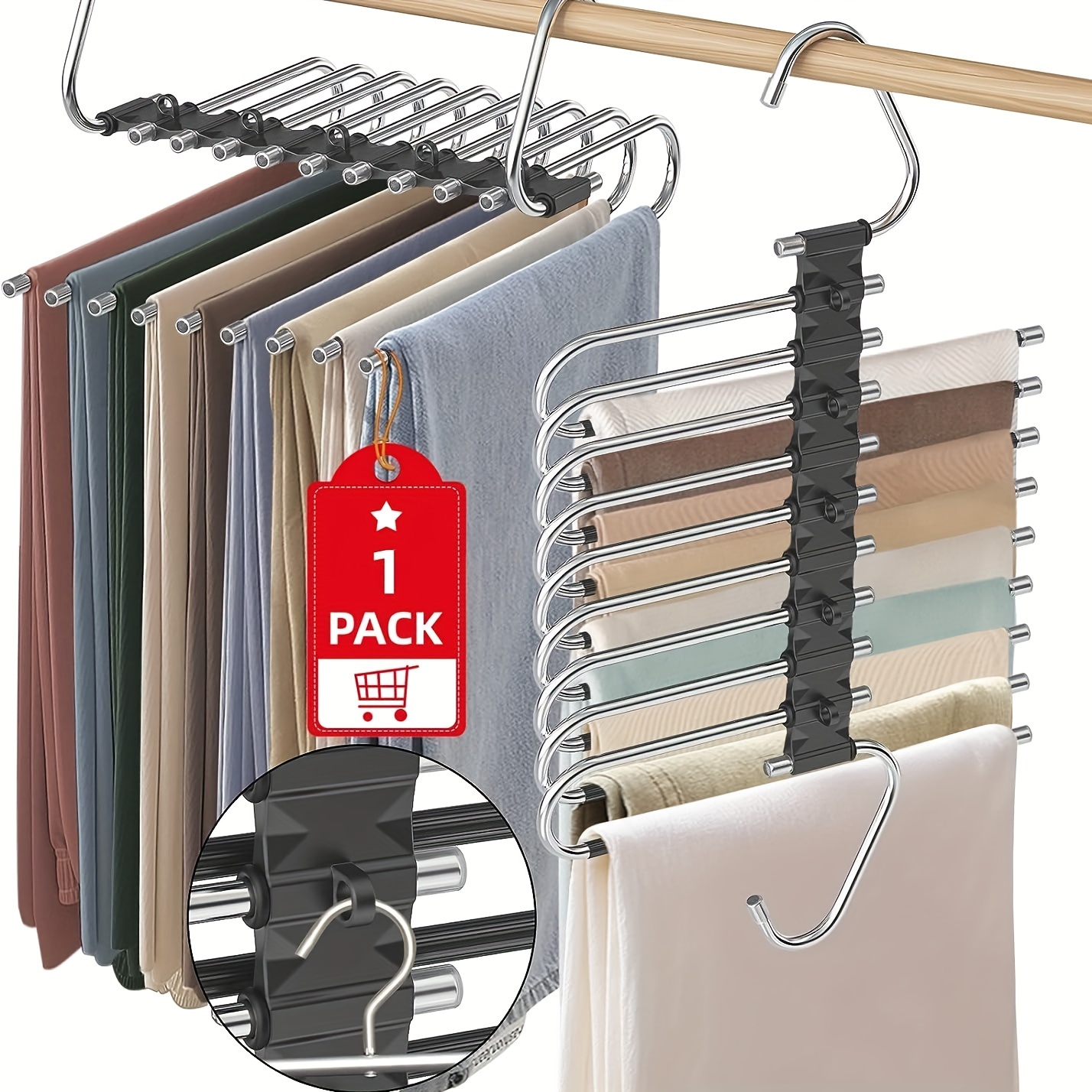

1pc 9-layer Pants Hanger With 5 Extra Hooks, Non Slip Legging Drying Rack For Clothing Shops, Save Space Storage And Organization For Wardrobe, Closet, Bedroom, Suitable For Pants, Jeans, Scarves