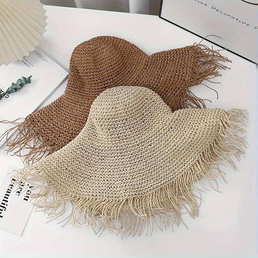 

Summer Frayed Wide Brim Round Top Straw Hat, Outdoor Sun Shade Sunscreen Versatile Fisherman Cap, Female Beach Hat
