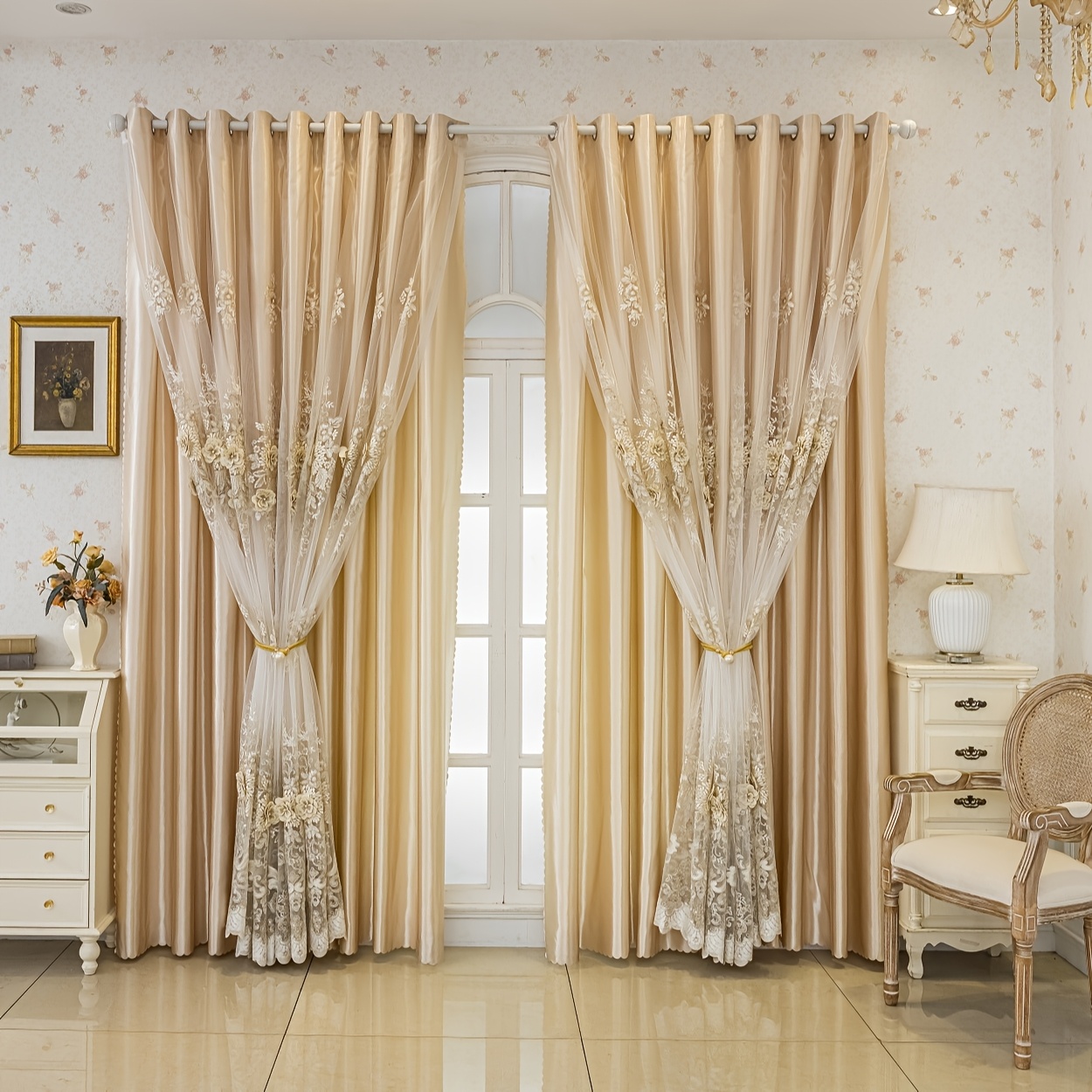 Amidoudou Tüllvorhänge Gold - Jacquard-Vorhänge 140x230cm (2 Stück)