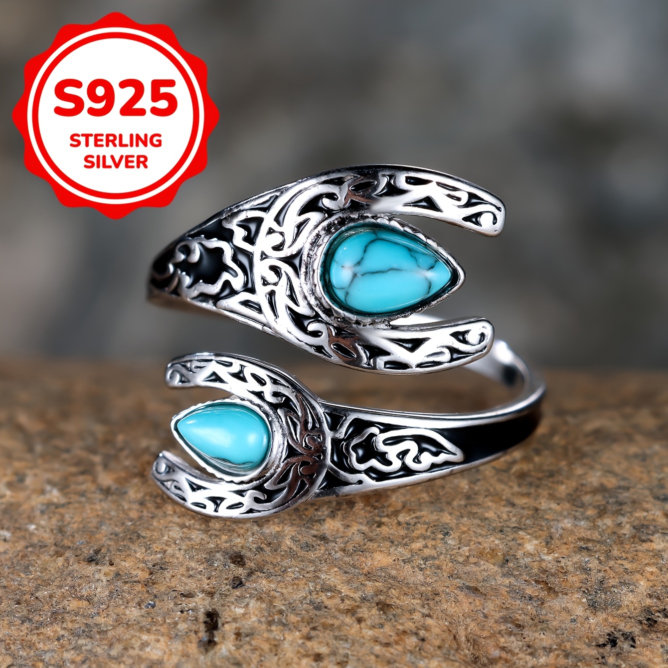 

925 Sterling Silver Retro Moon & Inlaid Turquoise In Shape High Quality Adjustable Ring With Gift Box