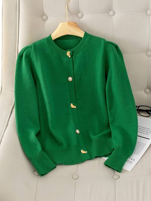 Women S Elegant Green Cardigan - Long Sleeve Sweater with Front Button Closure, Stretchy Office & Everyday Sweater for Fall/Winter, Non-See-Through Layering Piece in Emerald Green - Chic Sweater for Women, Cardigan Sweater, Casual Layering Piece, Round Neckline Top, Highelastic Material, Fall Fashion, , , Versatile Top, Professional Women