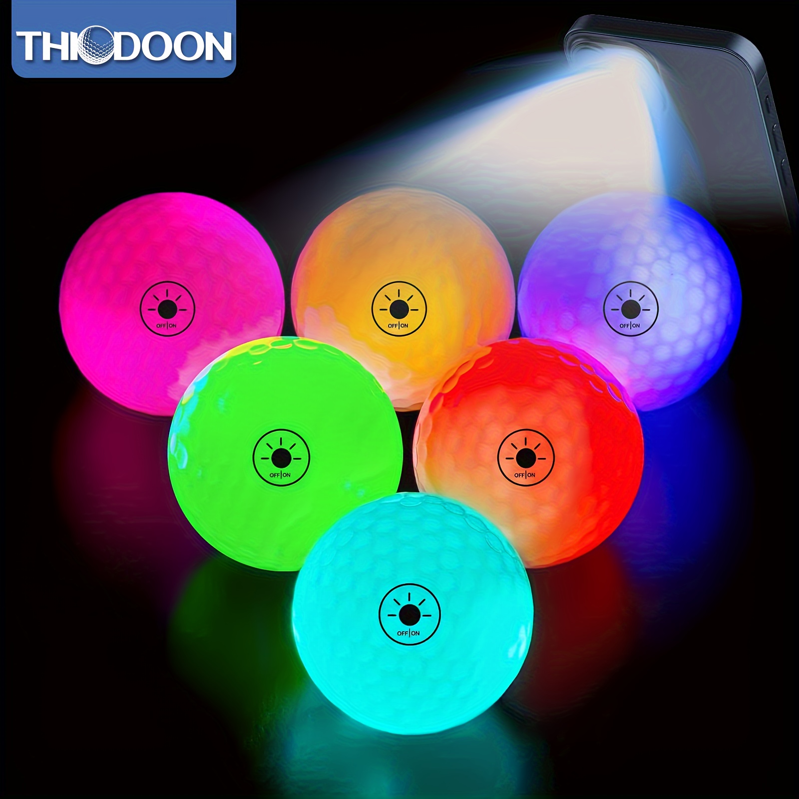 

Thiodoon 6 Pack Glow In The Dark Golf Balls Light Activated 7 Colors Light Up Led Golf Balls No Timer Stay Lit Easy To Turn On And Off With Flashlight Glowing Golf Balls For Night Golfing