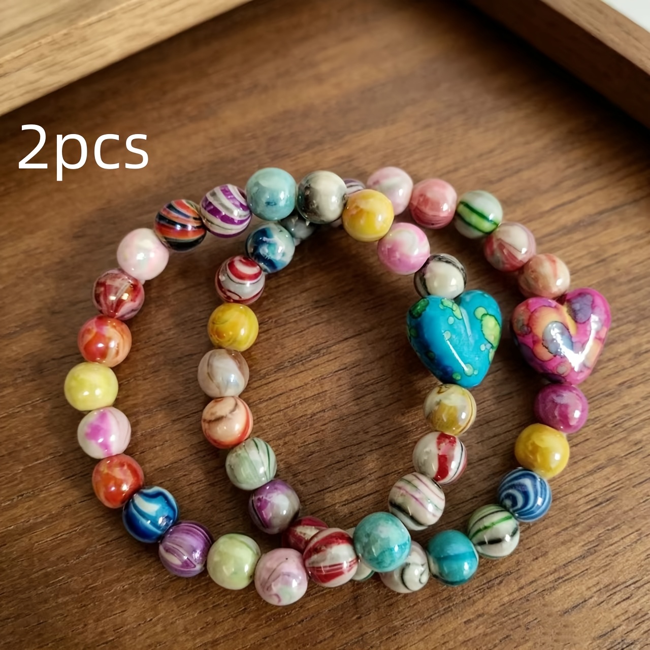 Image of 2pcs Set: Niche Artistic Style Ombre Beaded Bracelet, Contrasting Color Heart Double-loop Stackable Bracelet, Suitable For , For