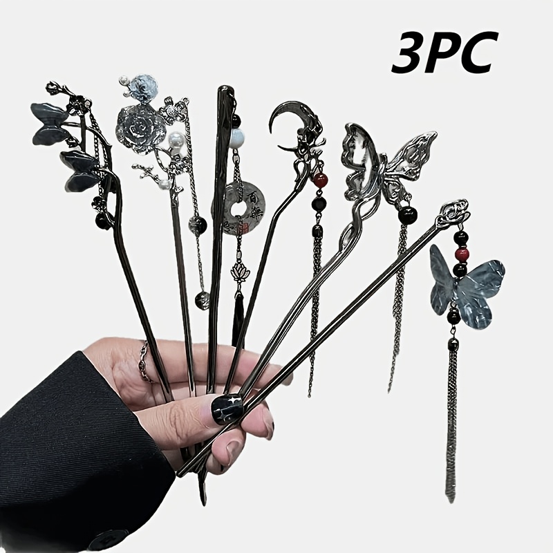 E-shop Zufällige 3er-Pack Quasten Haarspangen, Neuer chinesischer Damenstil, Mond Schmetterling Rose Blume Haarspangen, Elegante Frisur-Verzierungen,