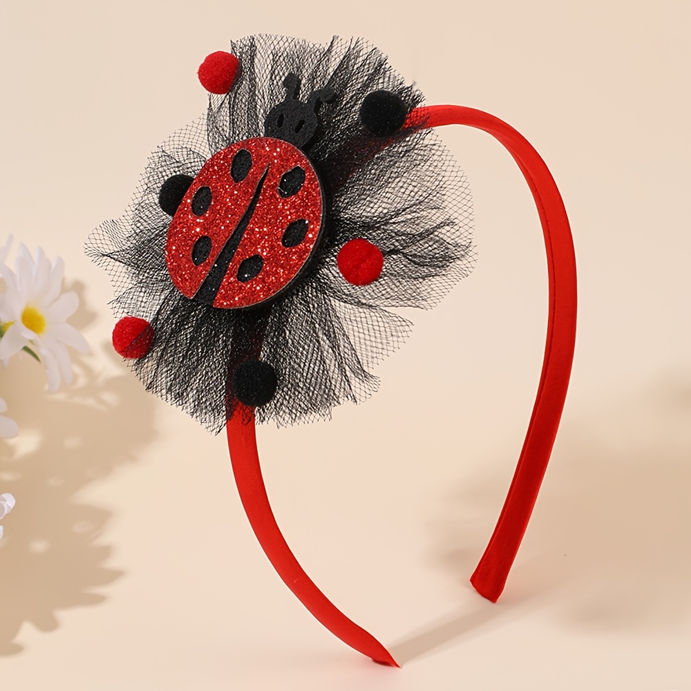 TEMU 1pc Glitter Ladybug & Bee Headband - Sparkling Mesh Pom Pom Hair Accessories Suitable For Birthday Parties, Cosplay, Spring Summer Dress-up,