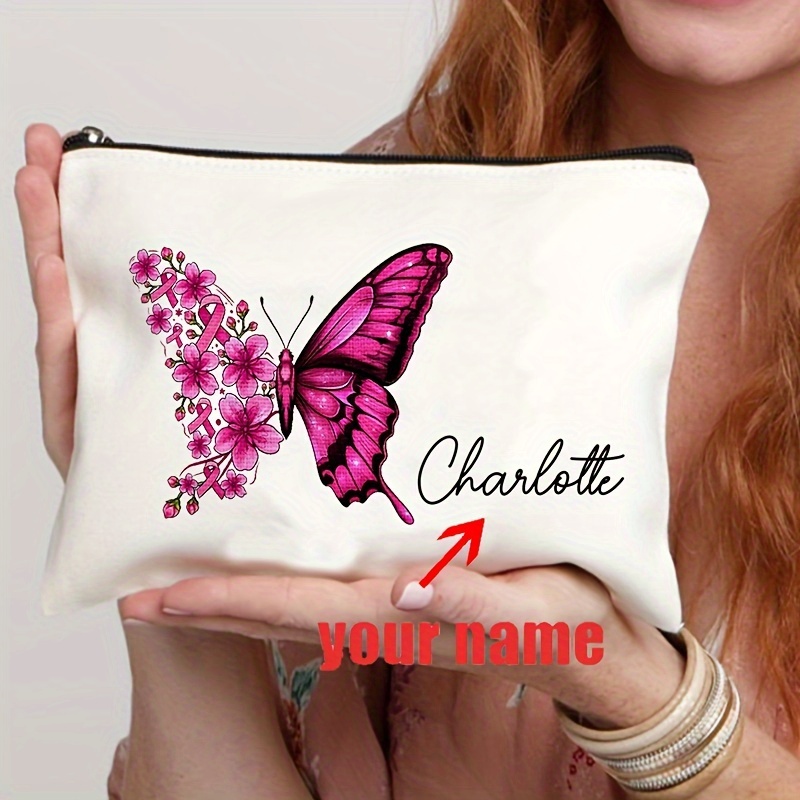 

Unisex Adult Makeup Bag With Personalized Name, Pink Butterfly & Breast Awareness Design, Polyester Cosmetic Pouch, Unscented, Lightweight Travel Organizer - Gift Idea For Her