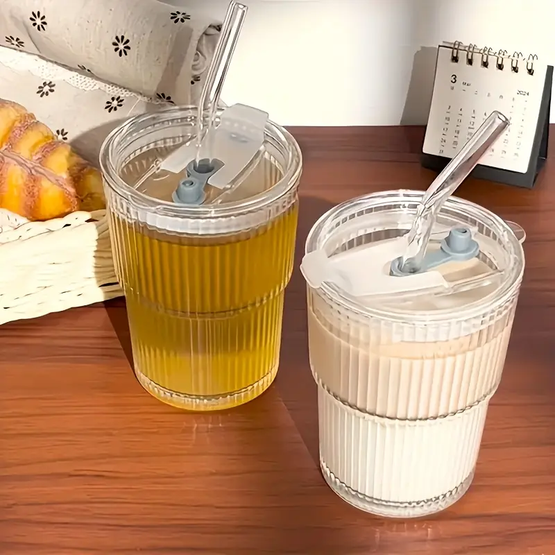 6pcs ribbed glassware glass cups with lids and straws dishwasher safety coffee cups with lids and straw sets reusable iced coffee cups for iced water milk tea Product details 7