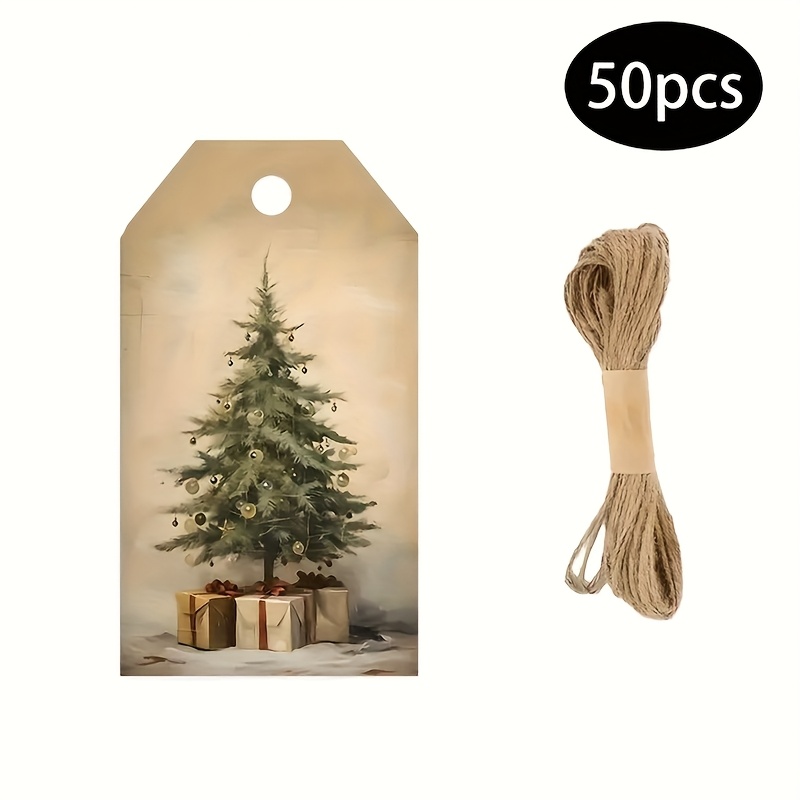 Image of 50pcs Christmas Gift Tag Cards With , Featuring A Christmas Tree With Golden Ornaments And Gifts, Suitable For Elegant Gifts, Holiday Decorations, Home Decor, Etc.