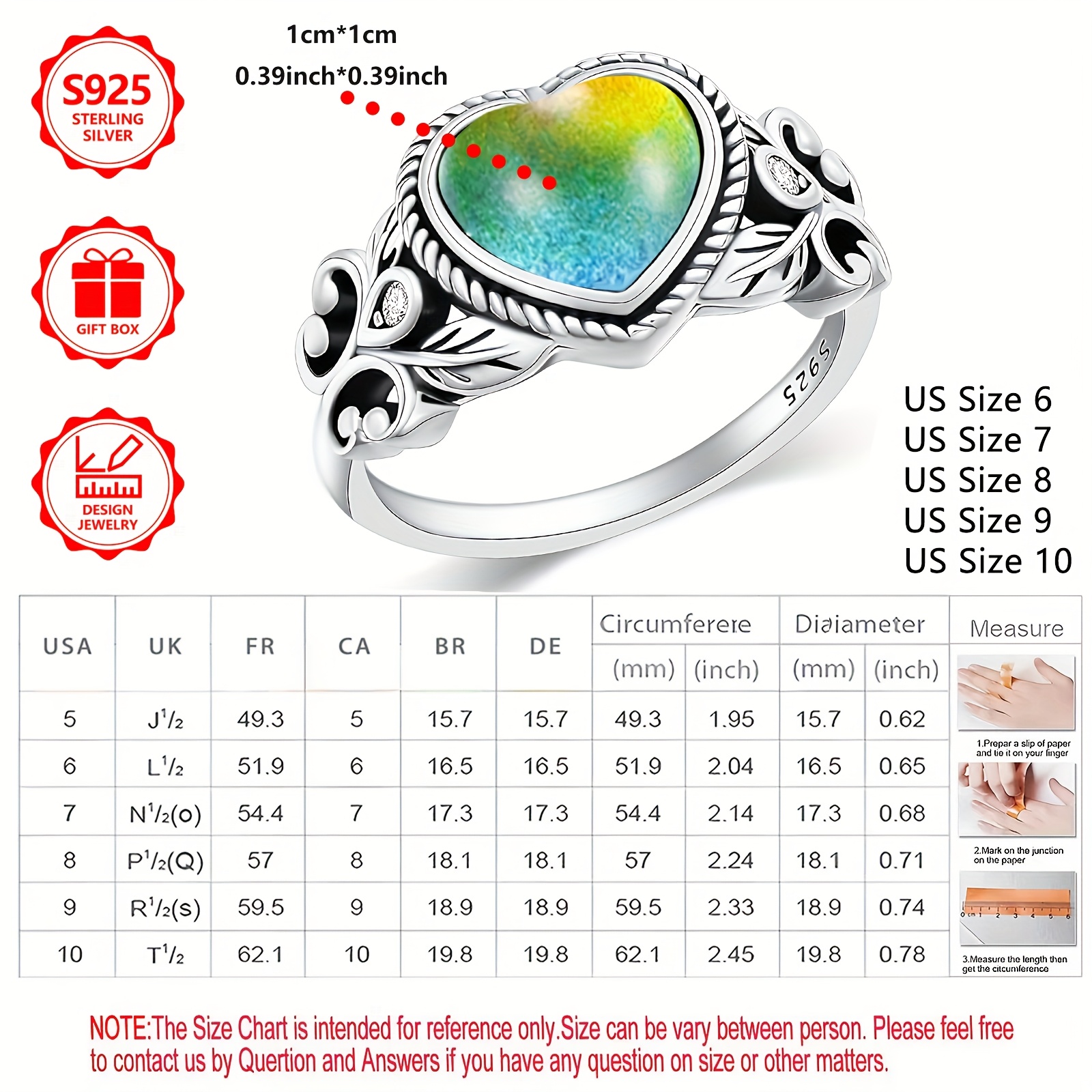 925 Sterling Silver Boho Mood Ring Heart Shape Hypoallergenic Gift