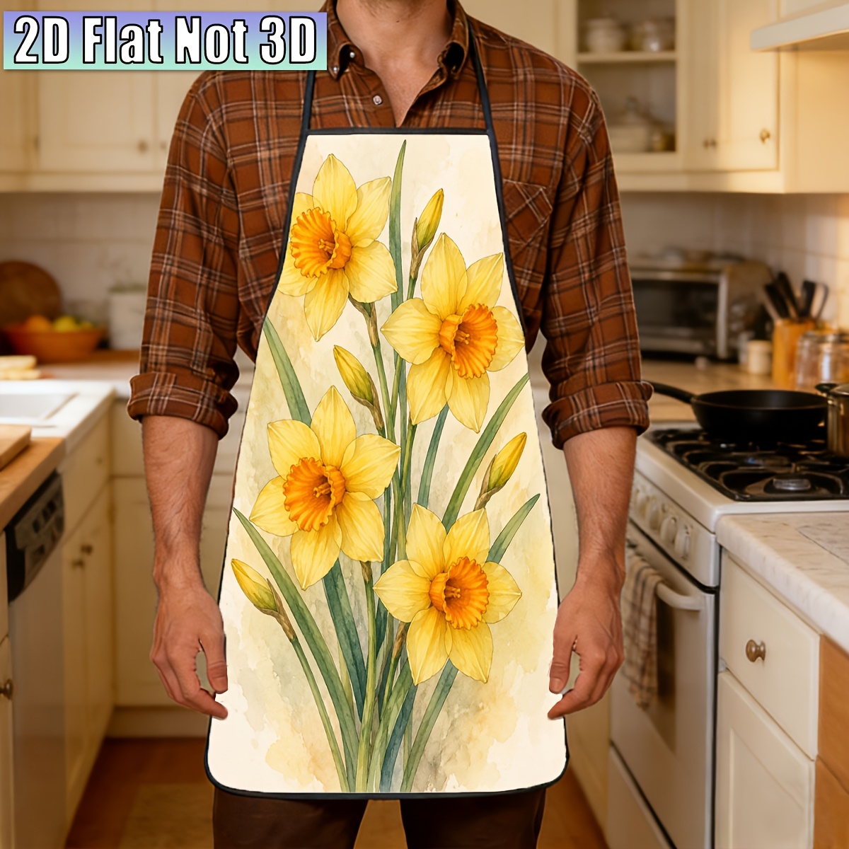 TEMU 1pc Watercolor Daffodil Bouquet Apron - Reusable Suitable, Office, Café, Minimalist Watercolor With Daffodil Print, Apron Suitable For, Gifts,