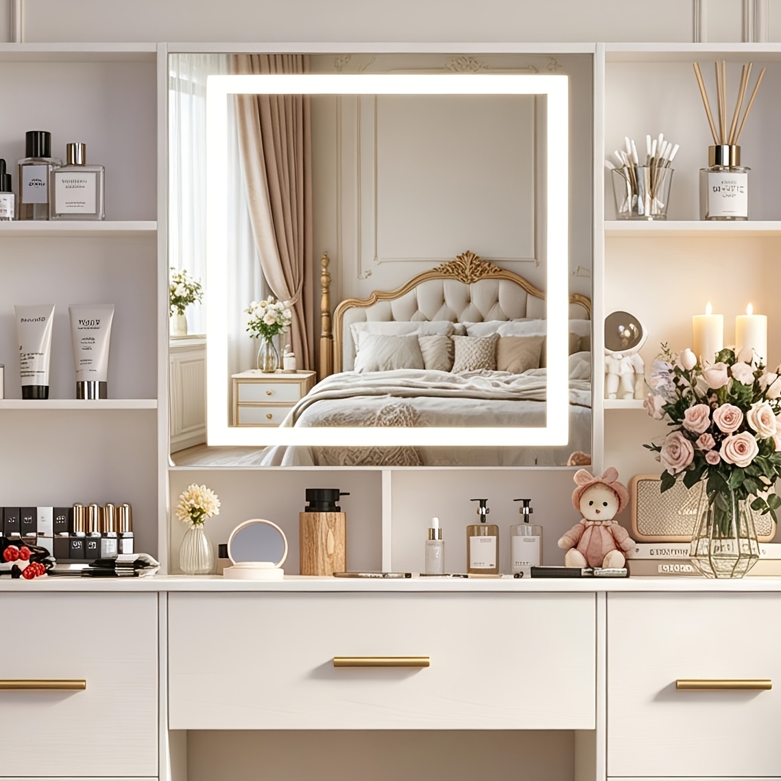White Dressing Table Makeup Vanity Desk W/ Touch Control Led Mirror & 7 Drawers