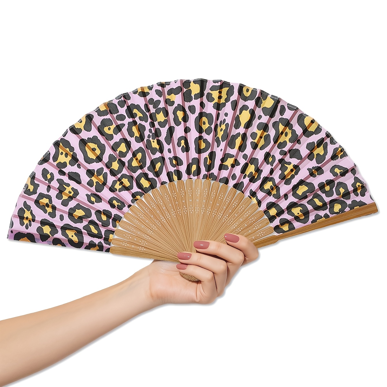 TEMU 1pc Pink Leopard Print Hand-held Fan, Wedding Fan, Ladies' Ancient-style Folding Fan, Exquisite Bamboo Handle, Photo Prop, Suitable For Indoor