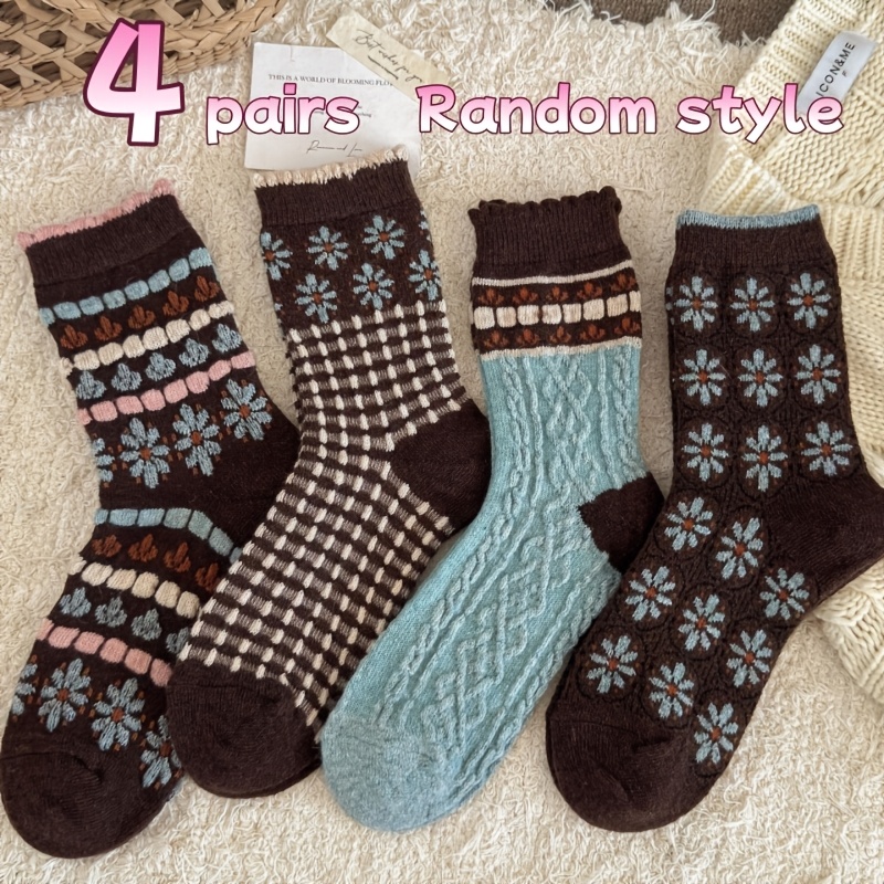 TEMU Random 4 , Calcetines de Media Caña para Mujer Otoño Invierno Retro Azul Marrón Margarita Floral Patchwork Oreja de Madera, Retro Elegante