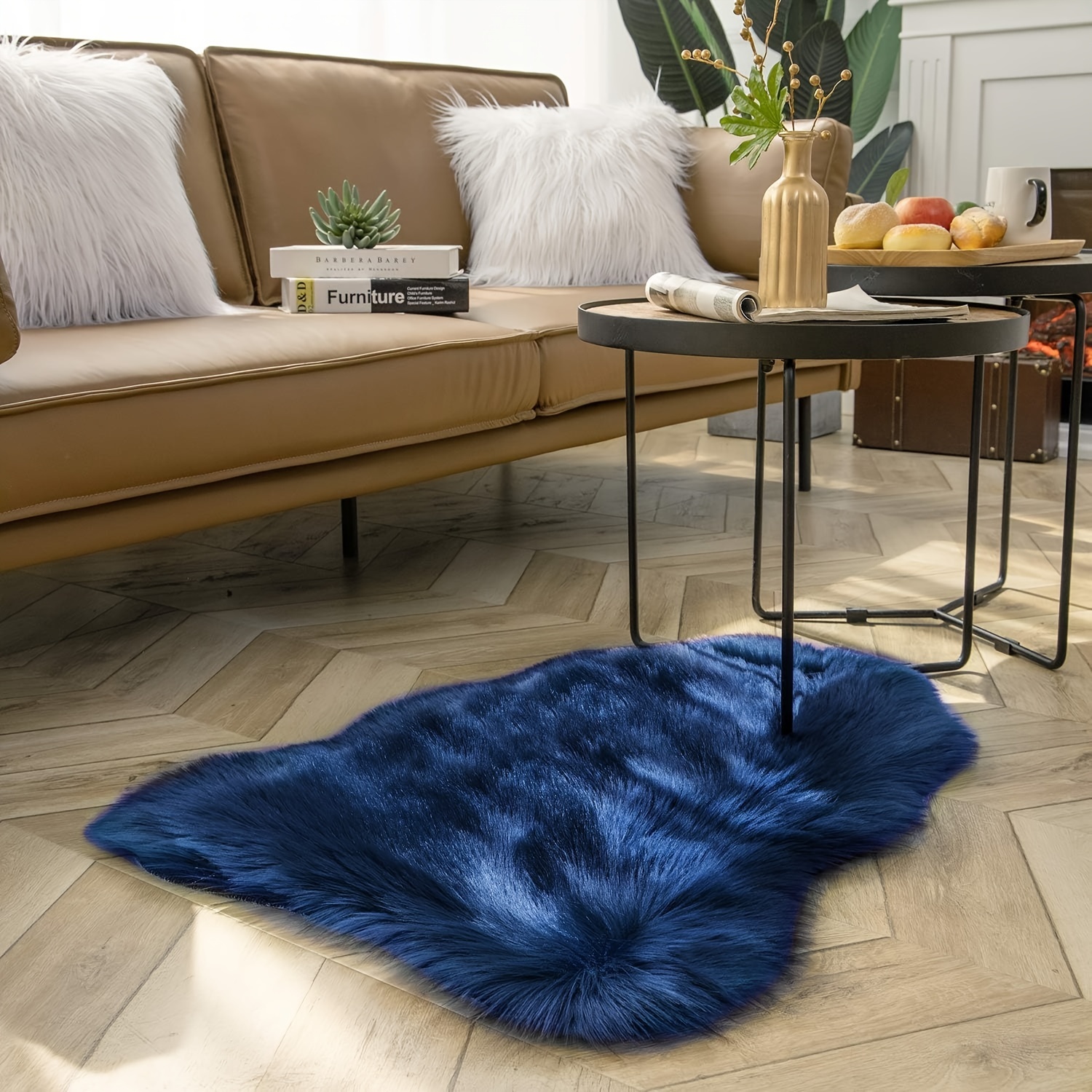 Image of [1800g Clear] Sheepskin Running Carpet, Fluffy And Shaggy Faux Sofa Cover, Vanity Runner Washable, Navy Blue/jade Green
