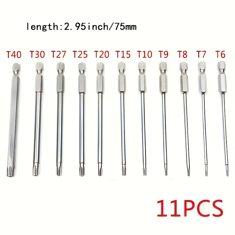 TEMU Ensemble de 11 embouts Torx étoile de S2, longueur 75 mm, tailles -T40, kit d'outils de mécanicien et de bricolage avec douille hexagonale pour