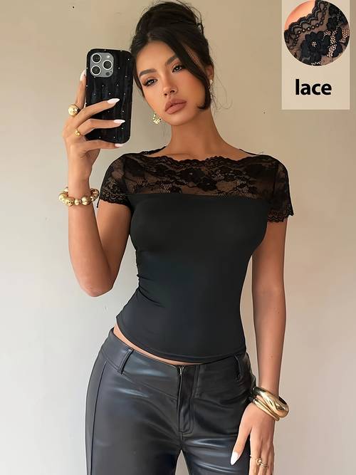 spicy one shoulder off shoulder pure desire lace short sleeve top