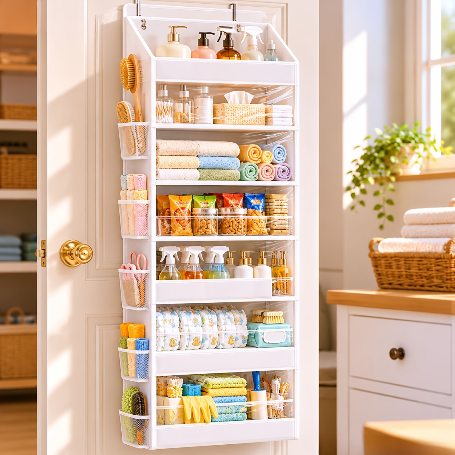 Image of White Over-the-door Storage Rack With 5 Spacious Pockets And 10 Mesh Side Pouches, 5-tier Hanging Organizer Featuring Clear Plastic Windows For Bedroom, Bathroom, Pantry, Or Closet, No Tools Required