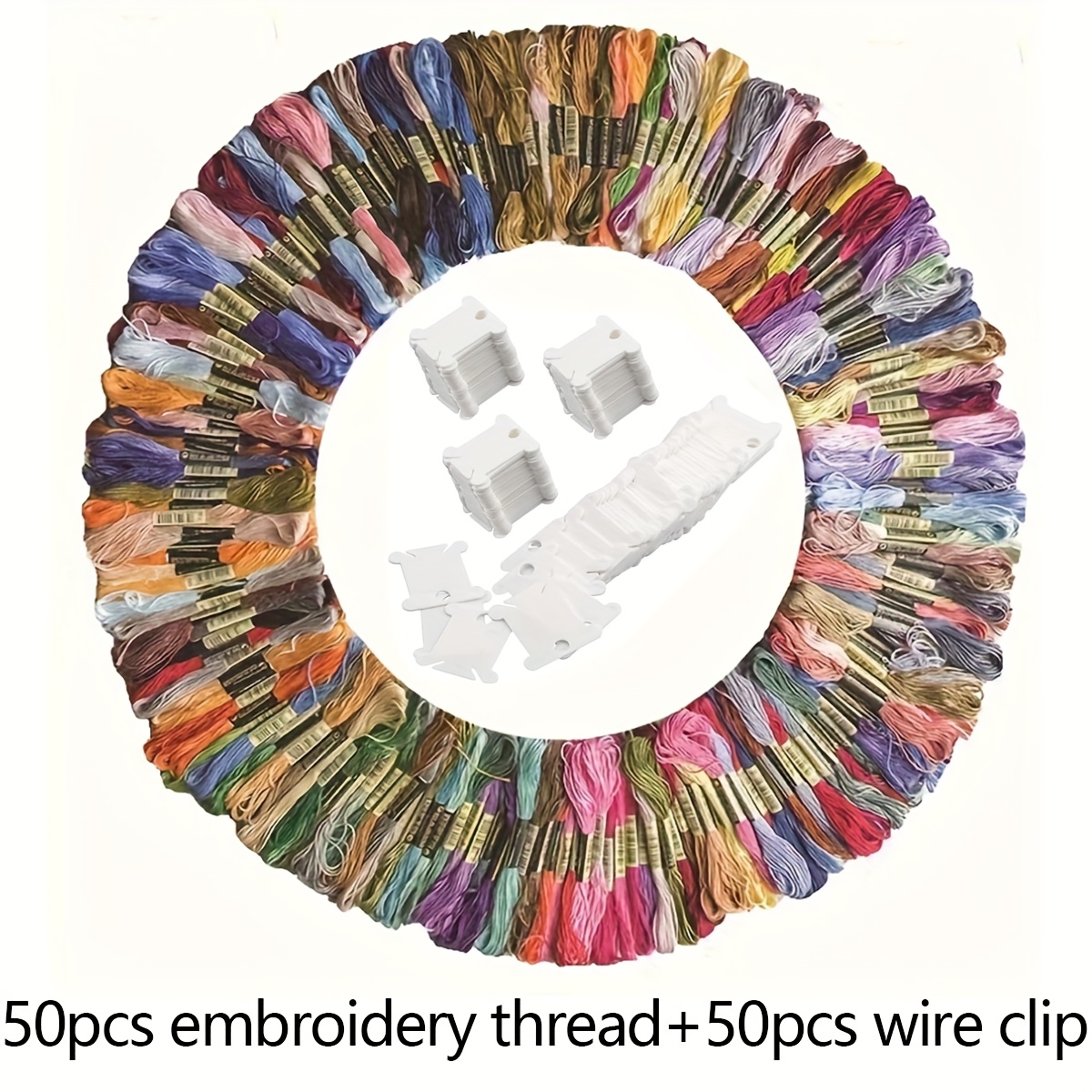 100pcs (50pcs Embroidery Thread And 50pcs Wire Clips) Cross Stitch Thread Set, 8.0 Meters Per Bundle With Winder, Embroidery Threader, Striper And Random Tool Color, Craft Supplies