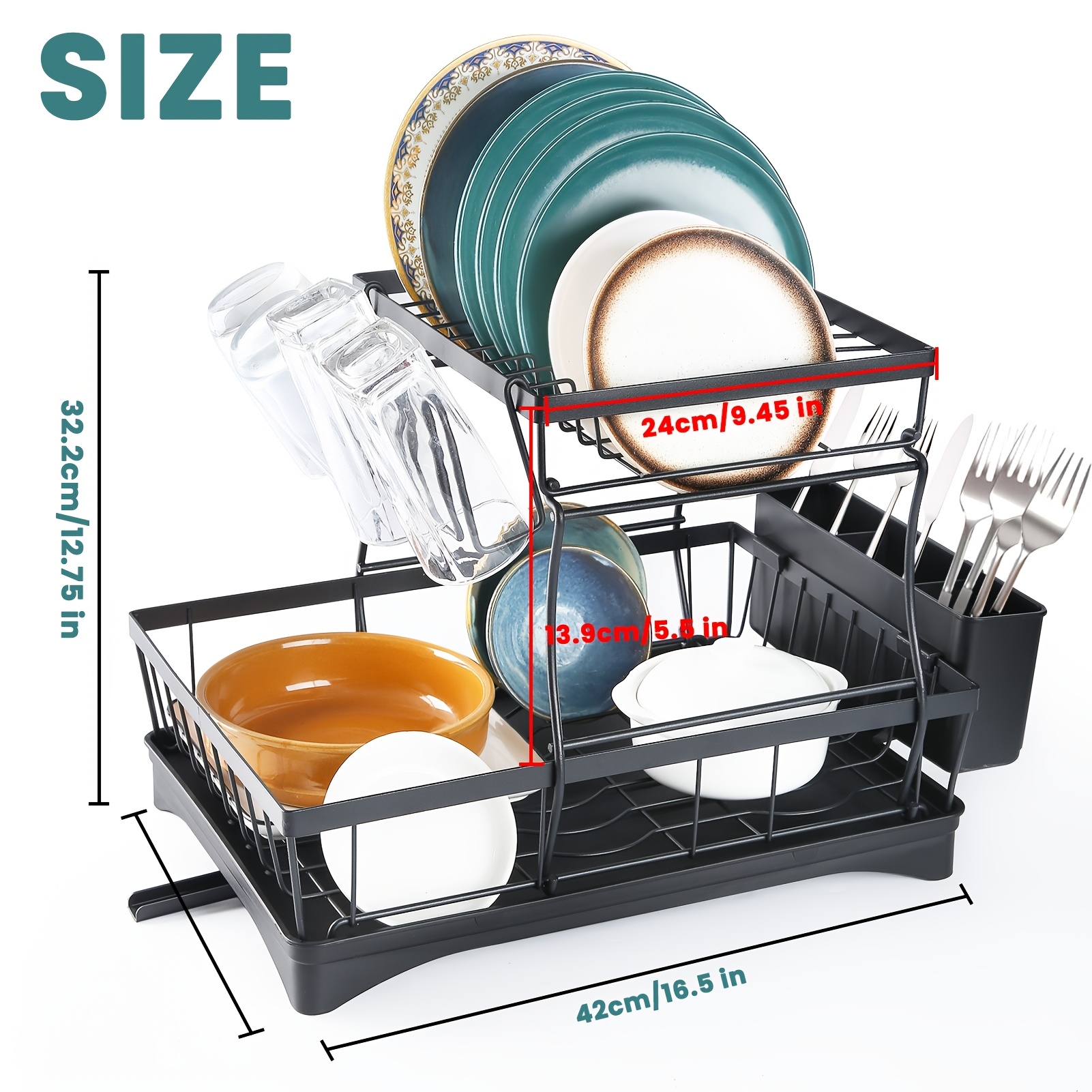 Large Dish Drying Rack For Kitchen Counter, Detachable Large Capacity Dish Drainer Organizer With Utensil Holder, 2-tier Dish Drying Rack With Drain Board, Black