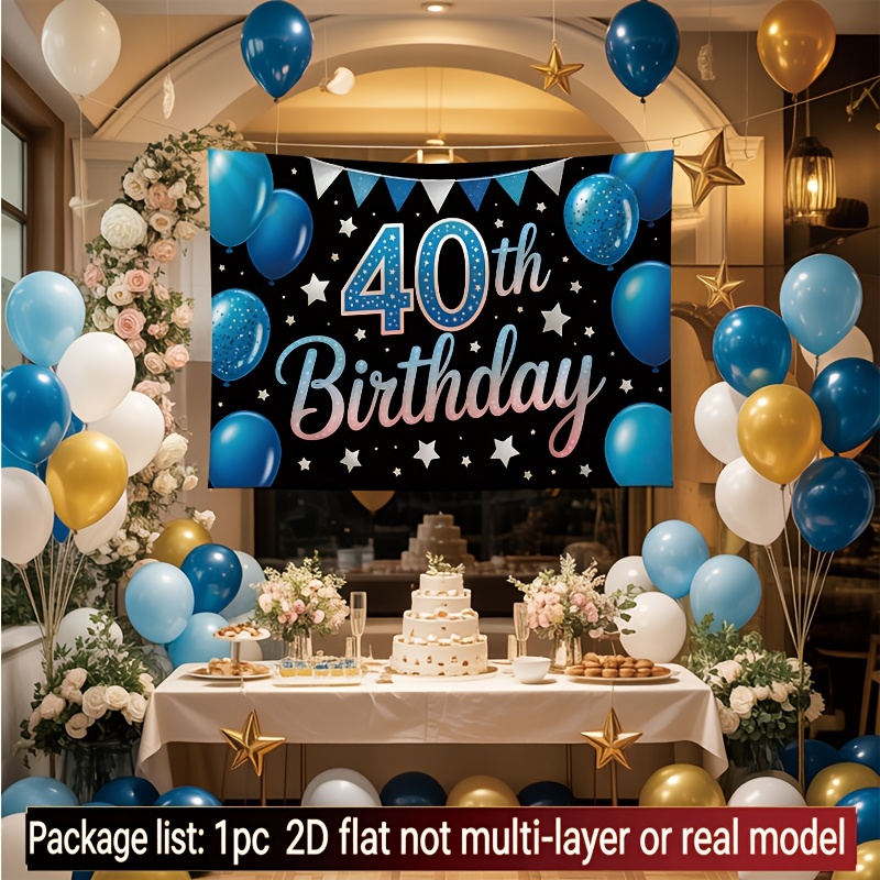 2d 평면, 2d 평면 배너, 1개, 40번째 생일 파티 풍선 배너 블루 테마, 풍경 배경, 배경 천, 전통 장식, 교실 및 사무실 배너, 휴일 장식 사진 배너, 2d 평면
