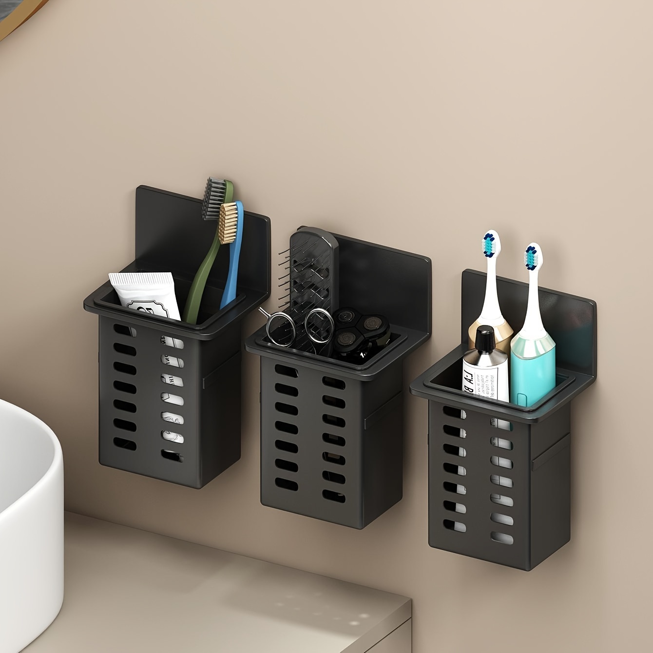 

Black Toothpaste Holder And Toothbrush Holder Wall-mounted Storage Box For Bathroom Toiletries, Mobile Phone, Air Conditioner Remote Control Storage Box, Hanging Bracket, Installation