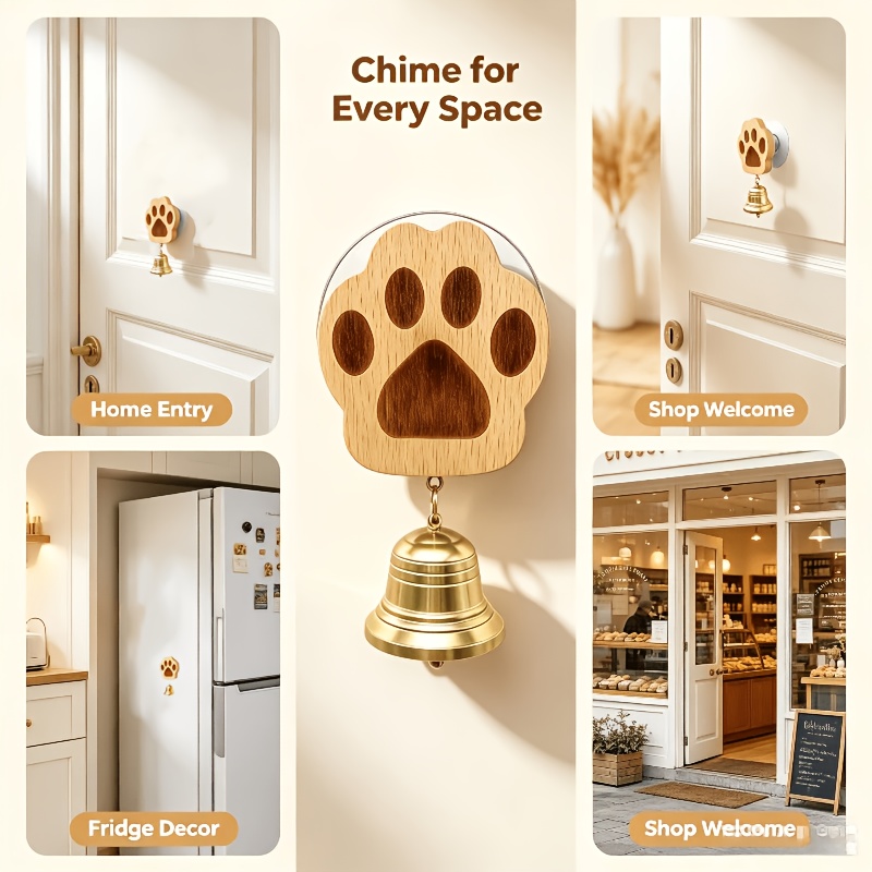 TEMU Carillon à Vent pour Porte Perçage avec Ventouse Adhésive et de Patte, Sonnette de Porte Mignonne en Bois Naturel Sculpté à avec , Cloche en