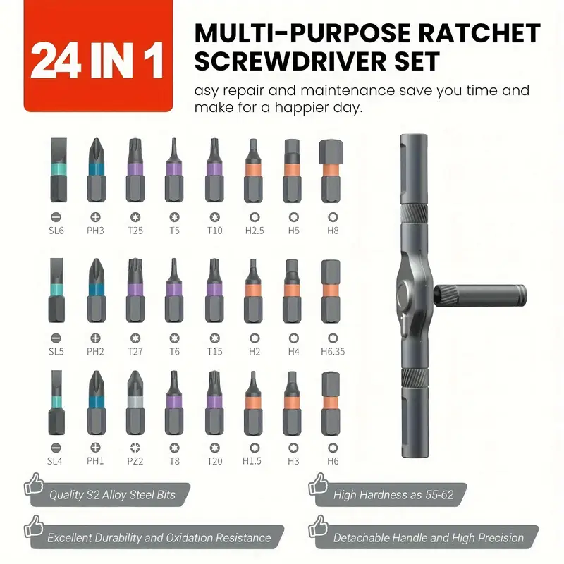 25 in 1 magnetic ratchet screwdriver set chrome vanadium steel reverse handle internal hex bits for furniture car computer bicycle diy carrying case tool kit durable construction screwdriver set Product details 0
