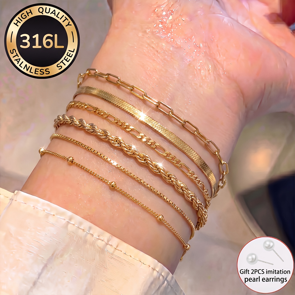 TEMU 6pcs [+2pcs Earrings] Women's 316l Stainless Steel 18k Gold Plated Bracelet Set, Waterproof And Fade Resistant Women's Jewelry, Fashionable And
