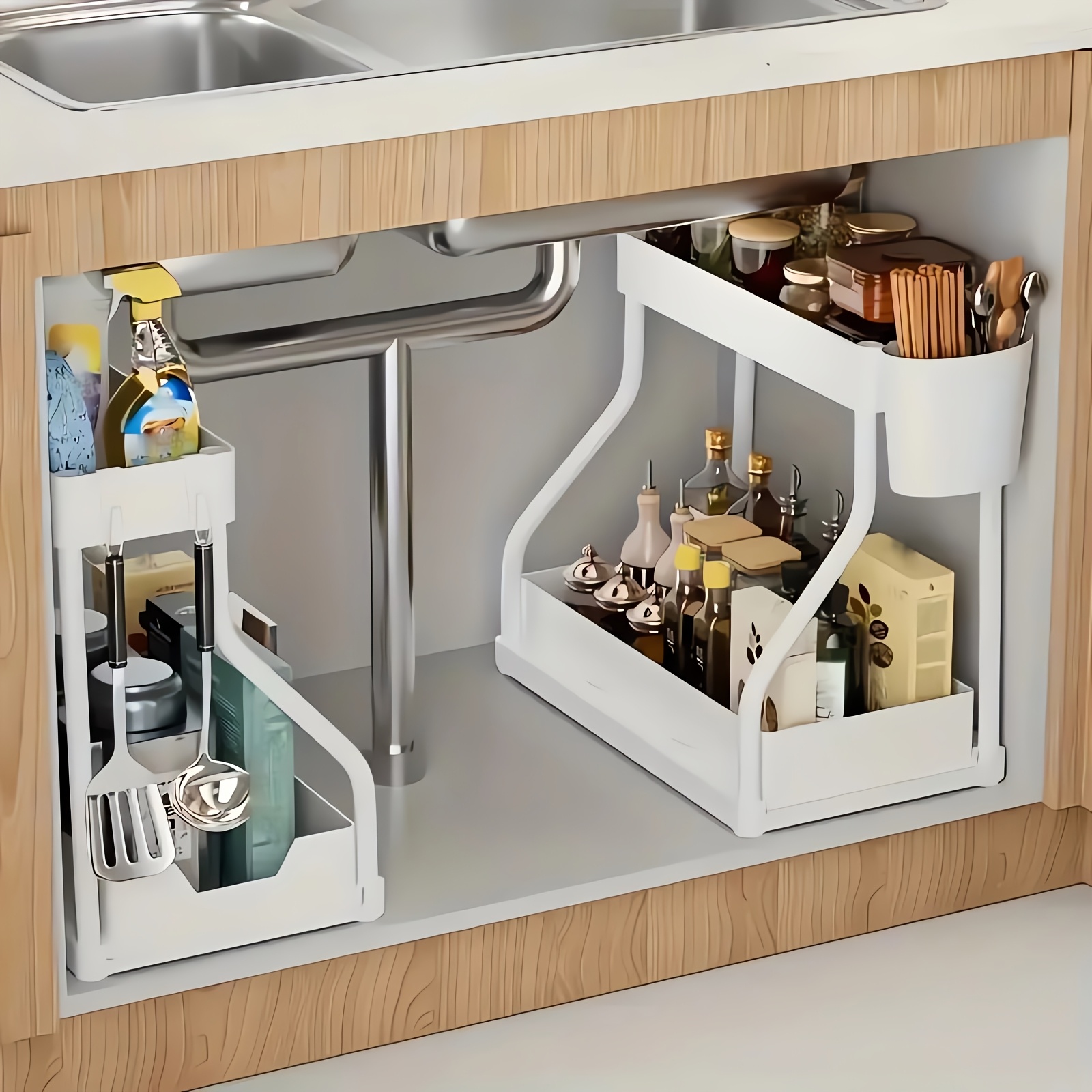 2-Pack Under Sink Organizer with Sliding Shelves, Black and White Plastic Storage Baskets for Bathroom and Kitchen Cabinets