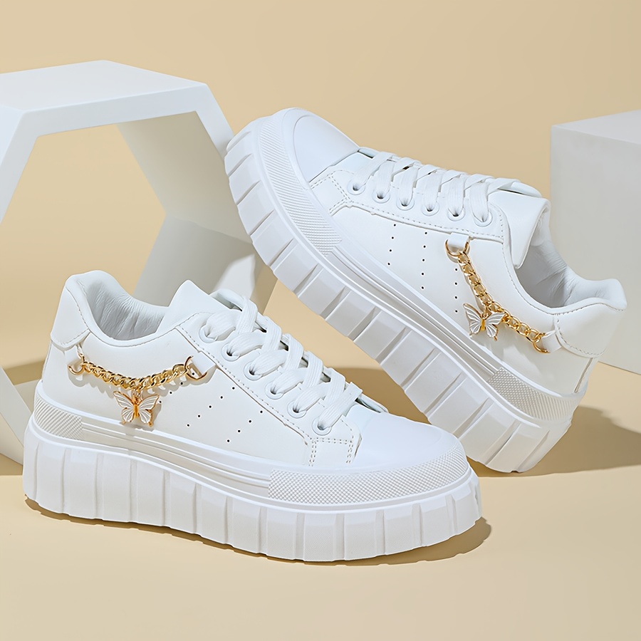 Zapatillas de Plataforma Gruesa para Mujer con Detalles Dorados  Acolchada y Cómoda, Cordones Bajos en Color Cubierta Sintética, Calzad