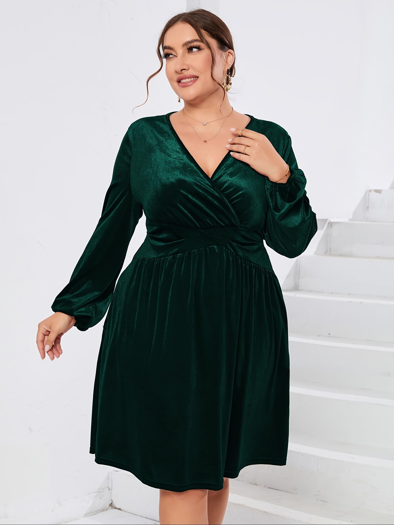 plus size v neck velvet dress elegant lantern sleeve a line - Temu