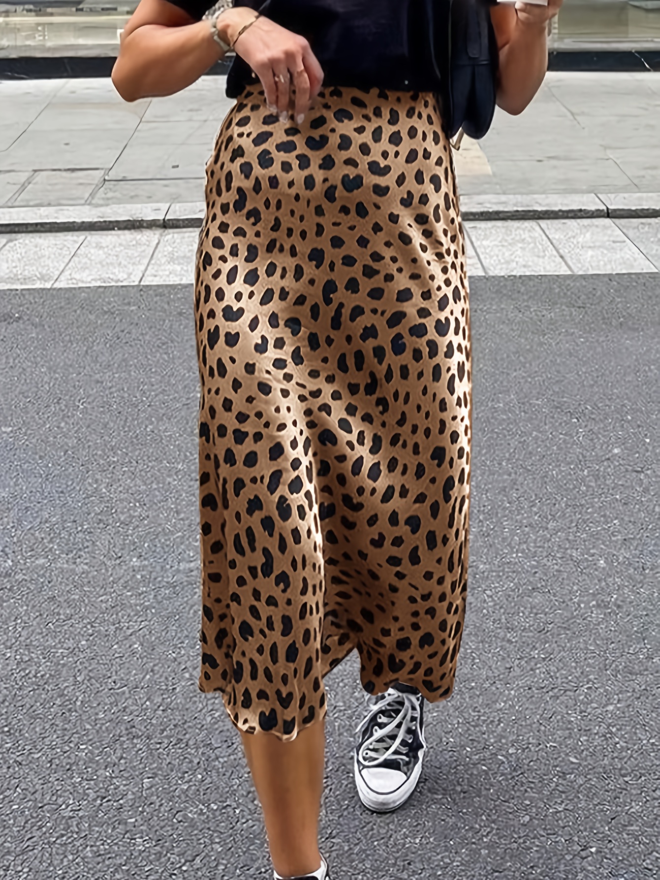 casual leopard print satin high waisted elasticated skirt - Temu