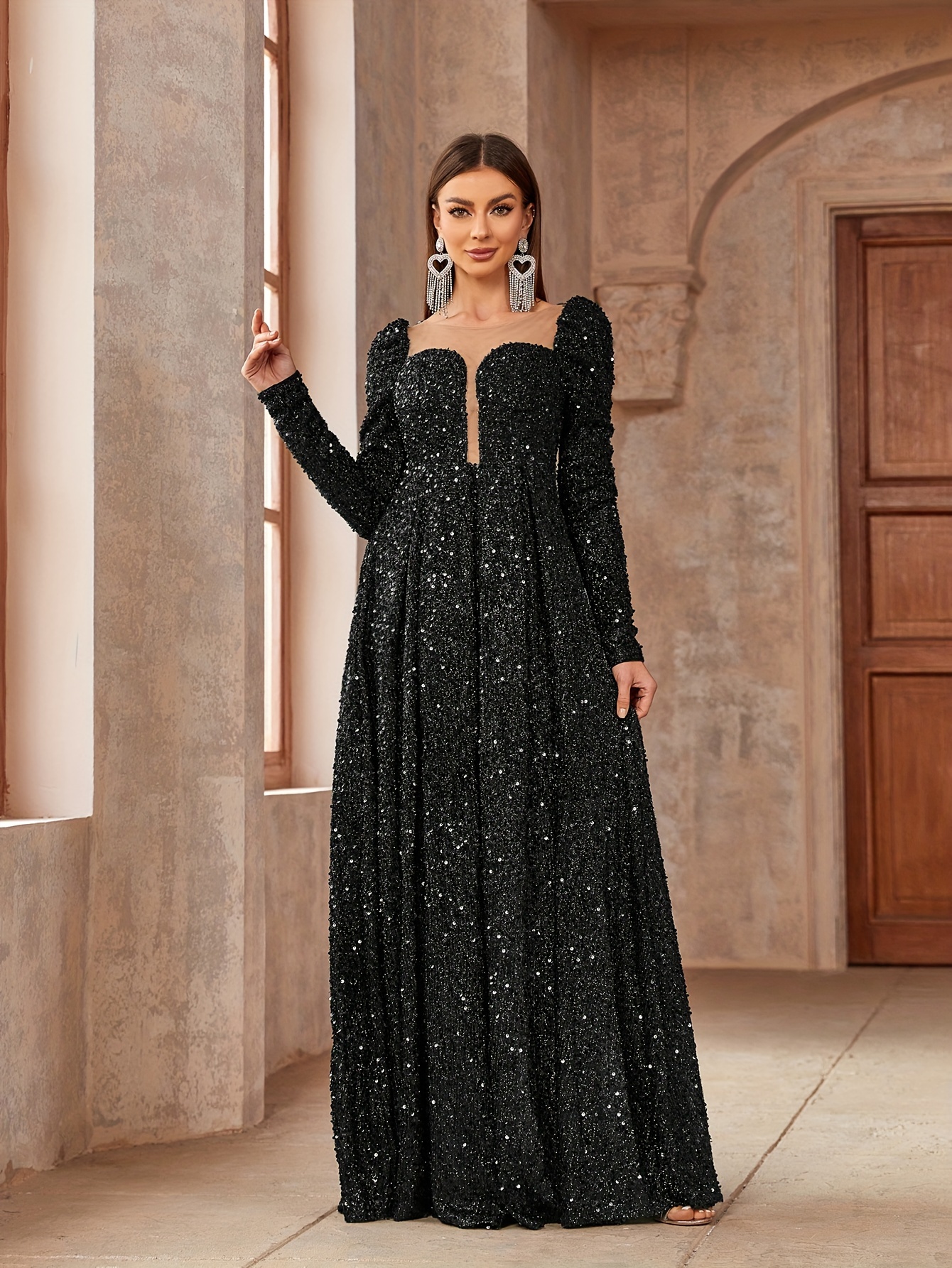 knee length dresses for ladies MO&Co. Women's Comfy Long Sleeves Casual A-Line Black Maxi Dress Black Size S main image 1