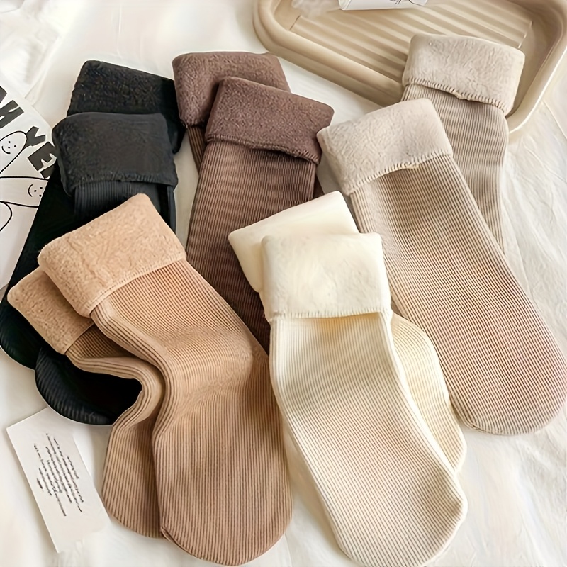 5 paires de chaussettes d hiver en peluche pour femmes - chaussettes douces, extensibles, chaudes pour  , & intérieur, beige,  , noir, blanc, chaussettes mignonnes Détails du produit 3
