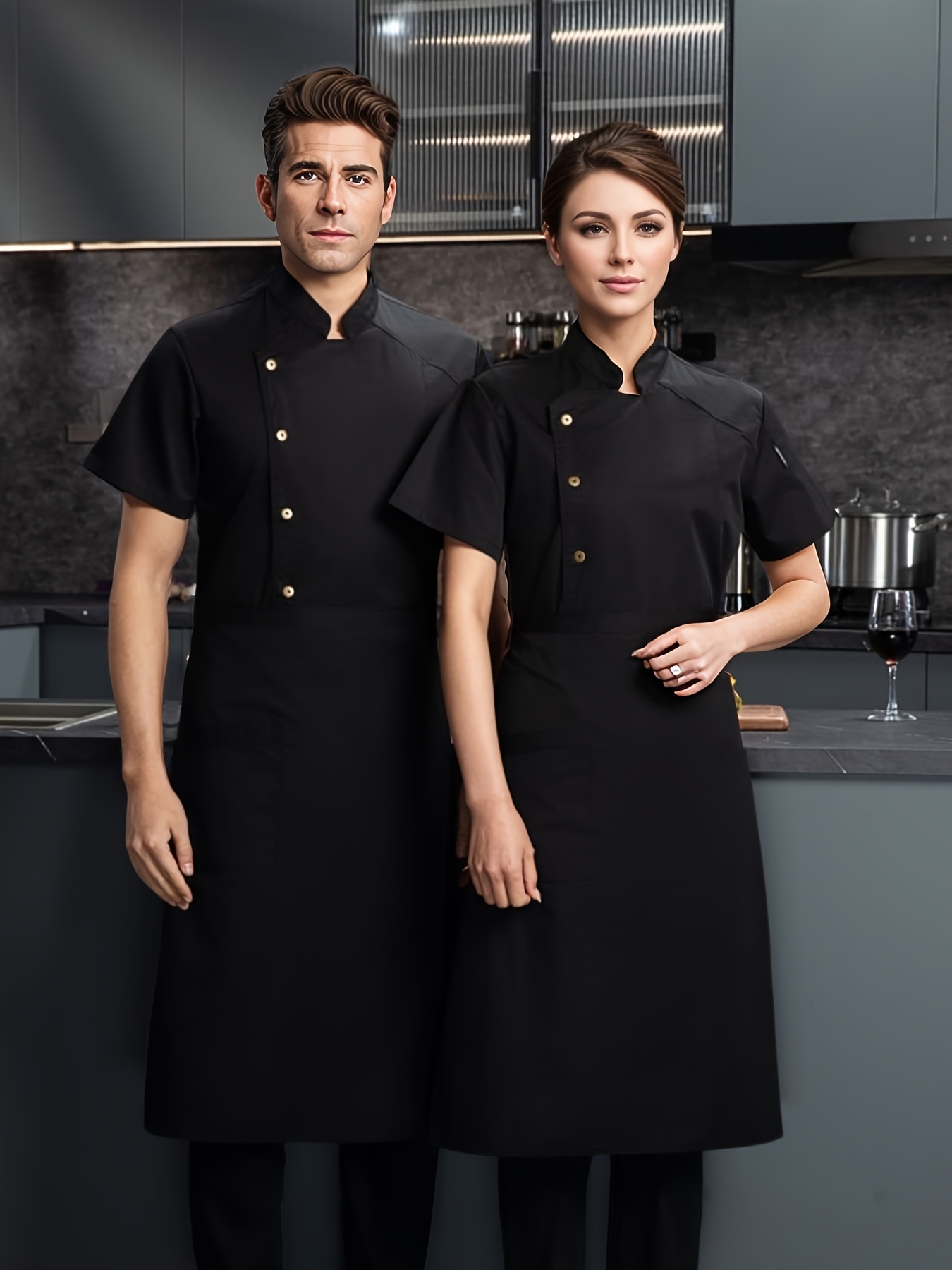 2pcs set of chef workwear for spring summer autumn the   solid black chefs shirt apron hotel catering restaurant western restaurant   baking  
