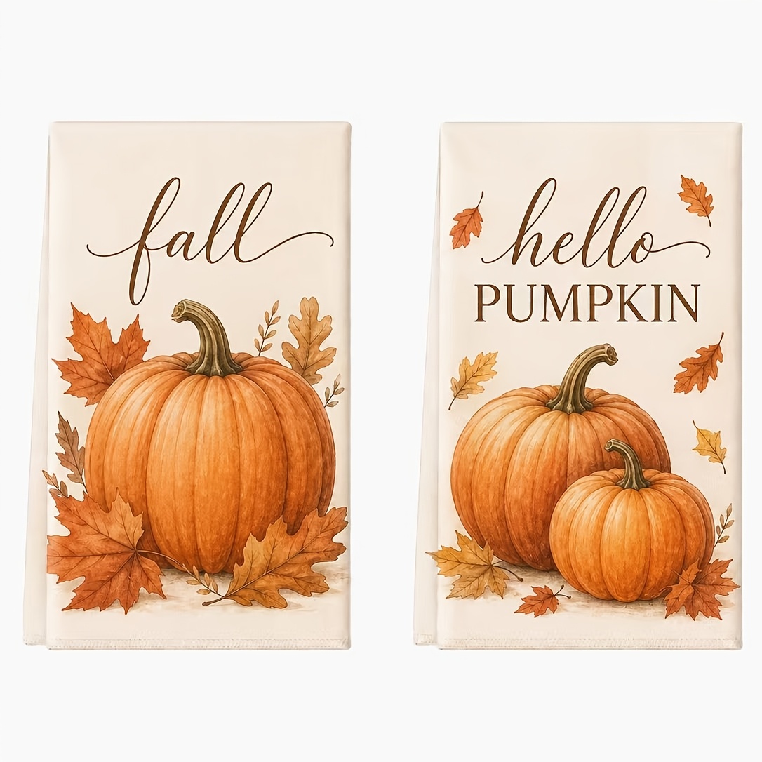 TEMU 2pcs Cream Base With Text And Pumpkin Pattern White Kitchen Cleaning Cloths, Fun Rustic Towels. Suitable For Kitchen And Bathroom Decor, 16x24