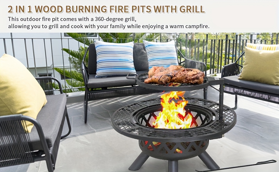 BALI OUTDOORS Wood Burning Round Fire Pit Barbecue Pit BBQ Backyard Black