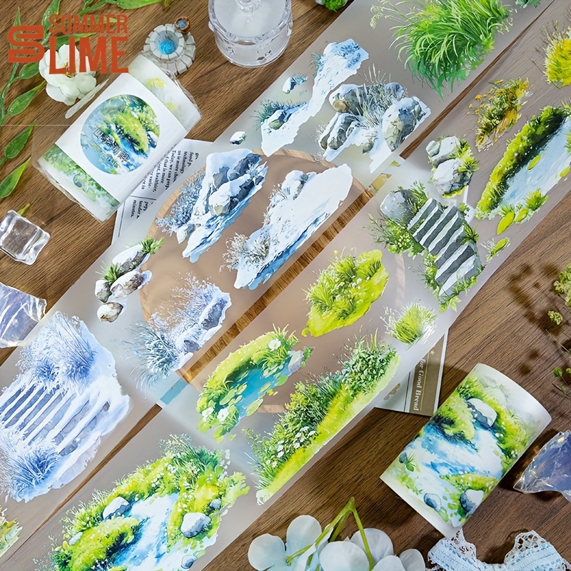 2m Pet Washi Tape Stones Grass Transparent Roll Stickers Decorative Adhesive Tape For Scrapbooking Journal Aesthetic Stationery Loop:100cm